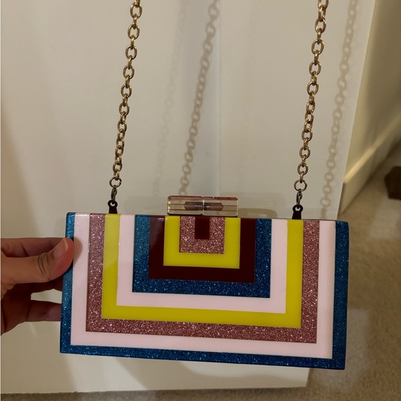 Aqua hard shell rainbow clutch with gold chain strap - Picture 2 of 3